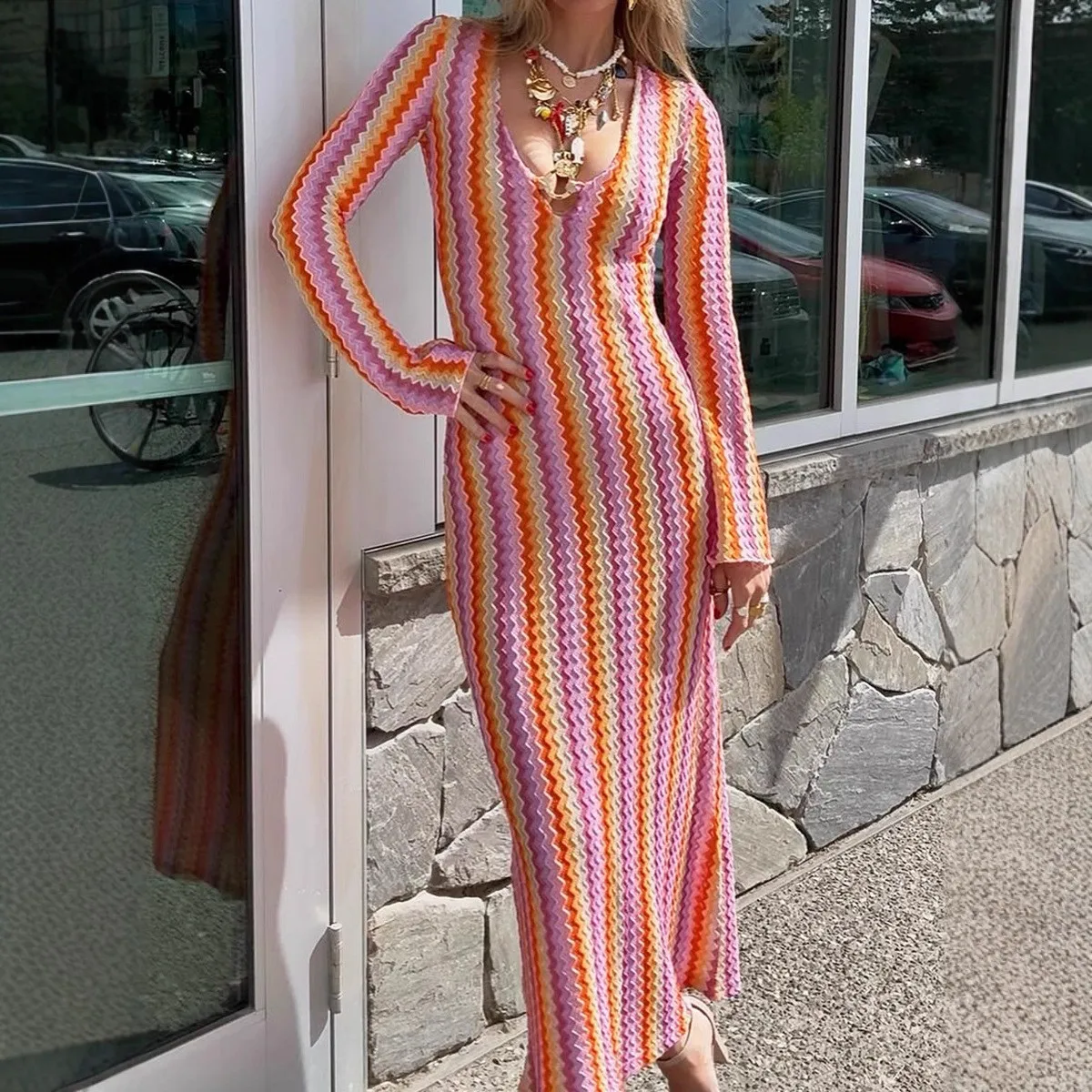 One Long Sleeve Dress with V Neck Striped Pattern Fitted Silhouette Mid Rise Waist Maxi Length Elegant Women Casual Dresses