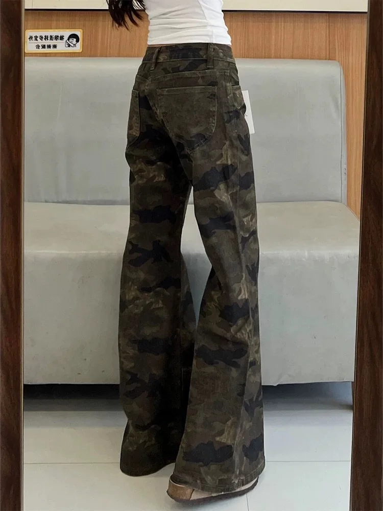 Y2K Camo Jeans Women American Retro Micro Flare Low Waist Skinny Drinky Non Stick Leg Bellbottom Summer