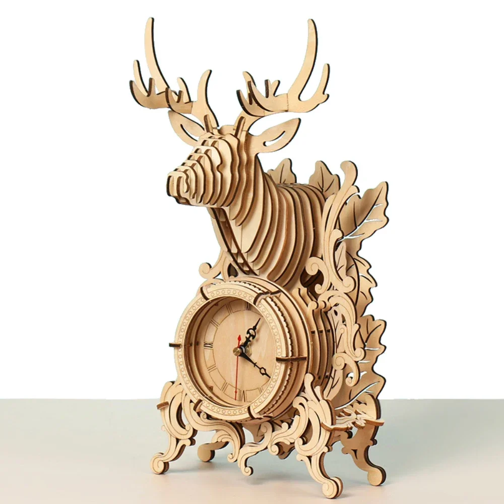 Diy Deer Clock Wooden Puzzle Toys Adults Assembling Building Blocks Models Kits for Adults Animal Shaped 3D Constructor Jigsaw