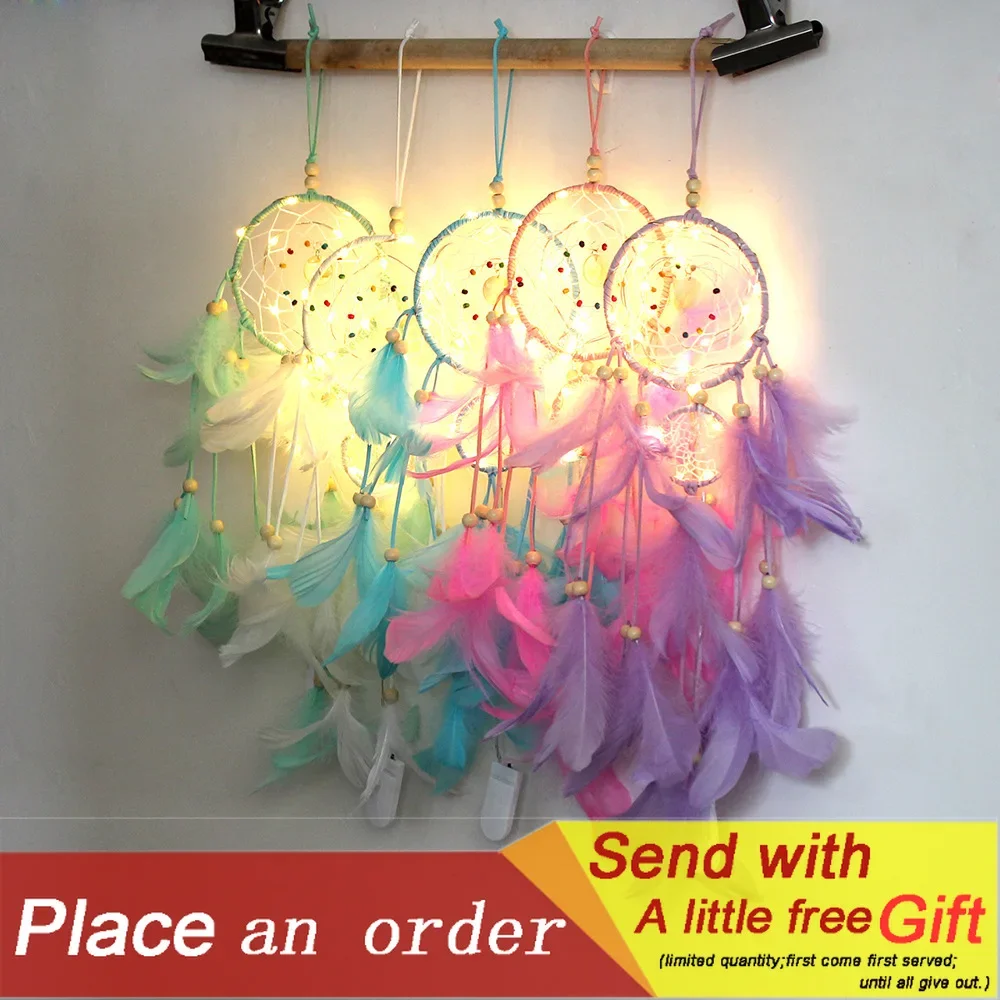 Home Decor Dream Catcher with Night Light Feathers Bead Portable Night Light Wall Hanging Decoration Handmade Room Ornament Gift