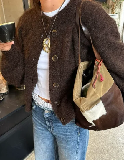 

Women's fashionable casual top short cardigan autumn and winter round neck solid color elastic round neck elegant sweater