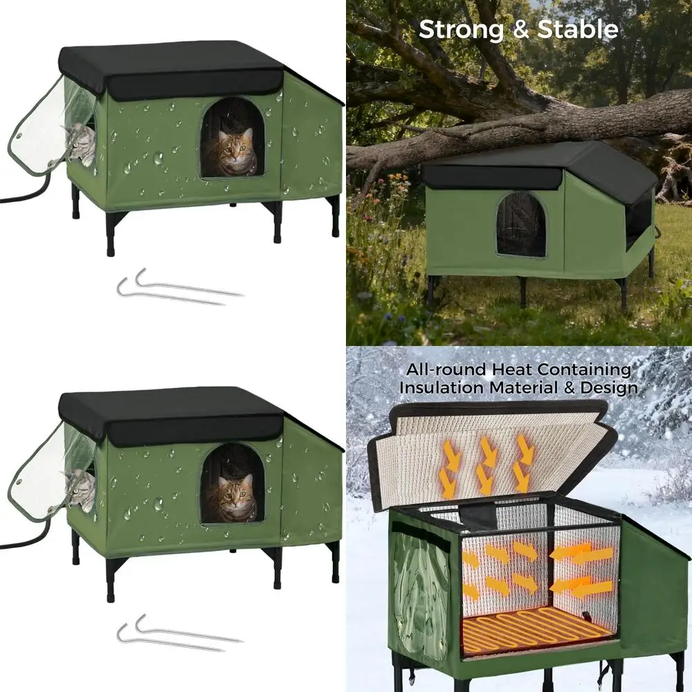 

Утепленный уличный домик для кошек с электрической дверцей и зоной для кормления, готовый к зиме