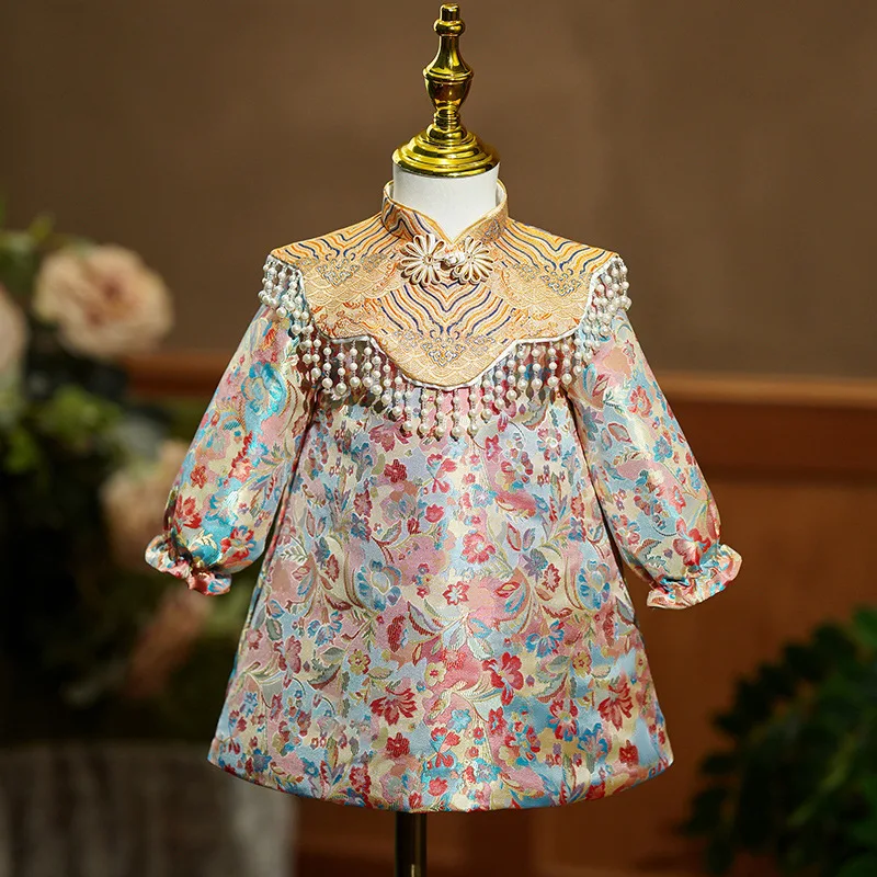 

Girl First Birthday Party Cheongsam Chinese Tang Suit Order Beads Embroidery Princess Dress Autumn Winter Children's Clothing