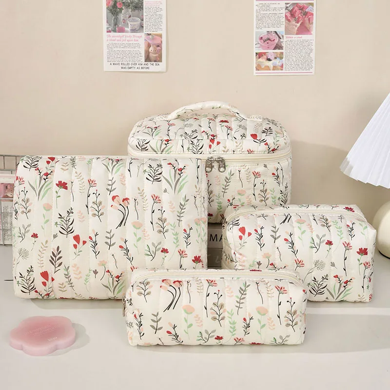 Large Capacity Floral Print Cosmetic Bag with Handle Portable Travel Makeup Organizer Toiletry Bag for Women