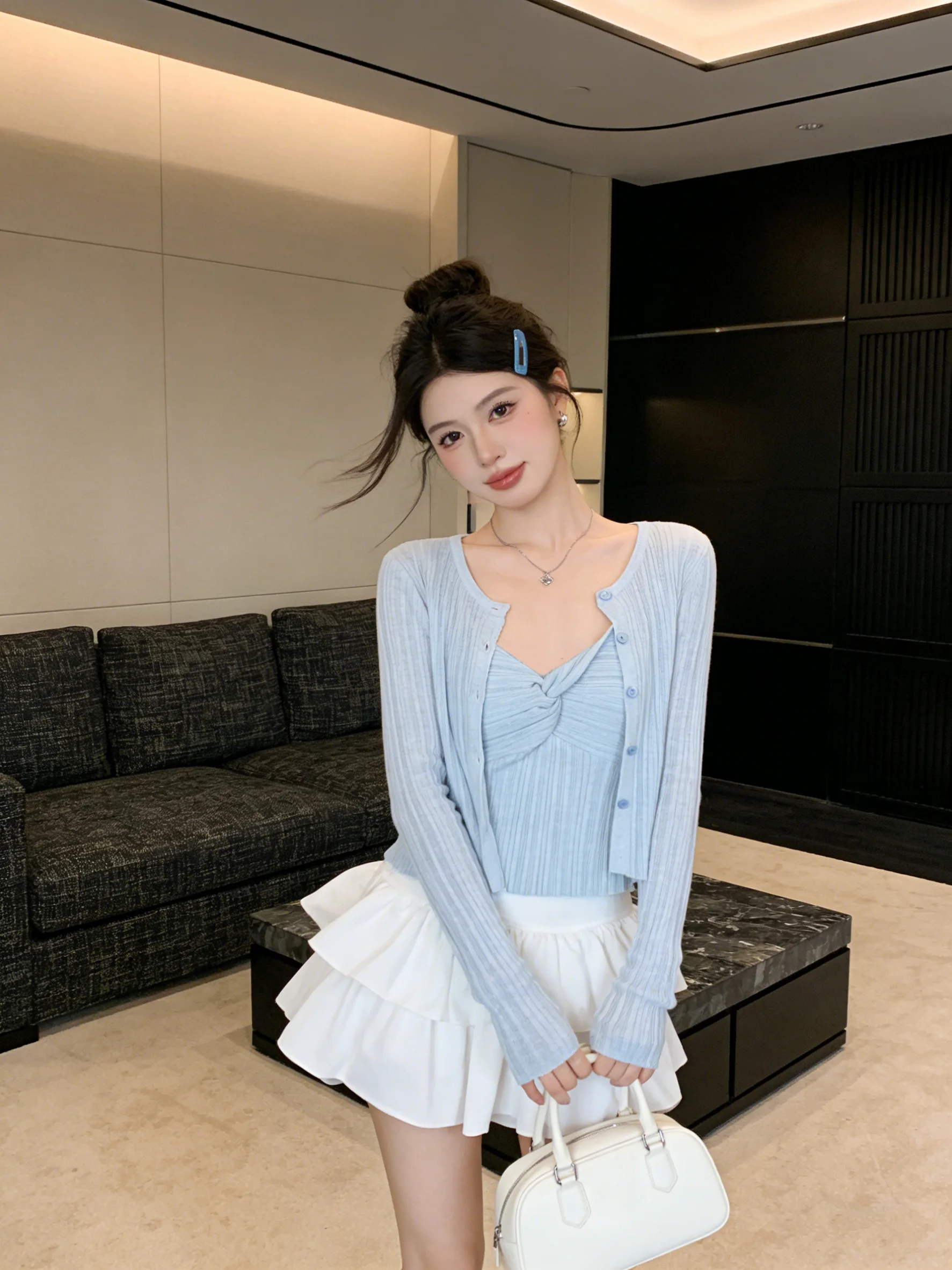 

High-End Knitted Two-Piece Set Blue Korean Sle Pure Desire Twist Knot Layered Tank Top Slimming Effect Casual Faion