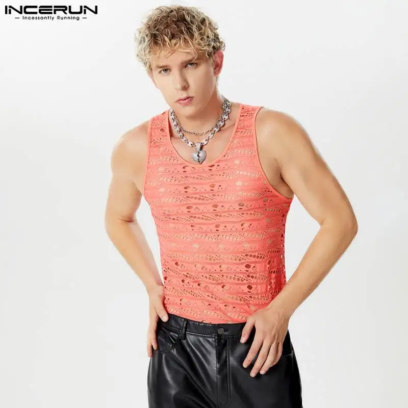 INCERUN Men Tank Tops Lace Hollow Out Transparent O-neck Sleeveless Male Vests Streetwear 2024 Summer Sexy Fashion Men Clothing