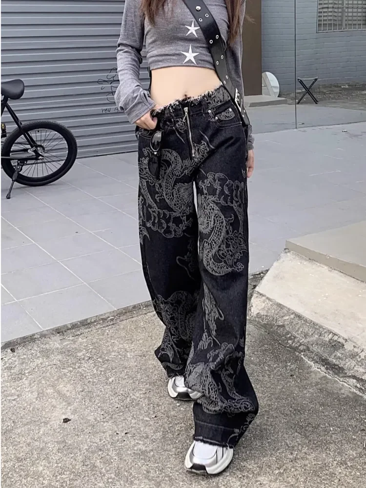 

Милые крутые джинсы с вышивкой в национальном тренде для девочек, летние свободные утягивающие джинсы с широкими штанинами и необработанными краями