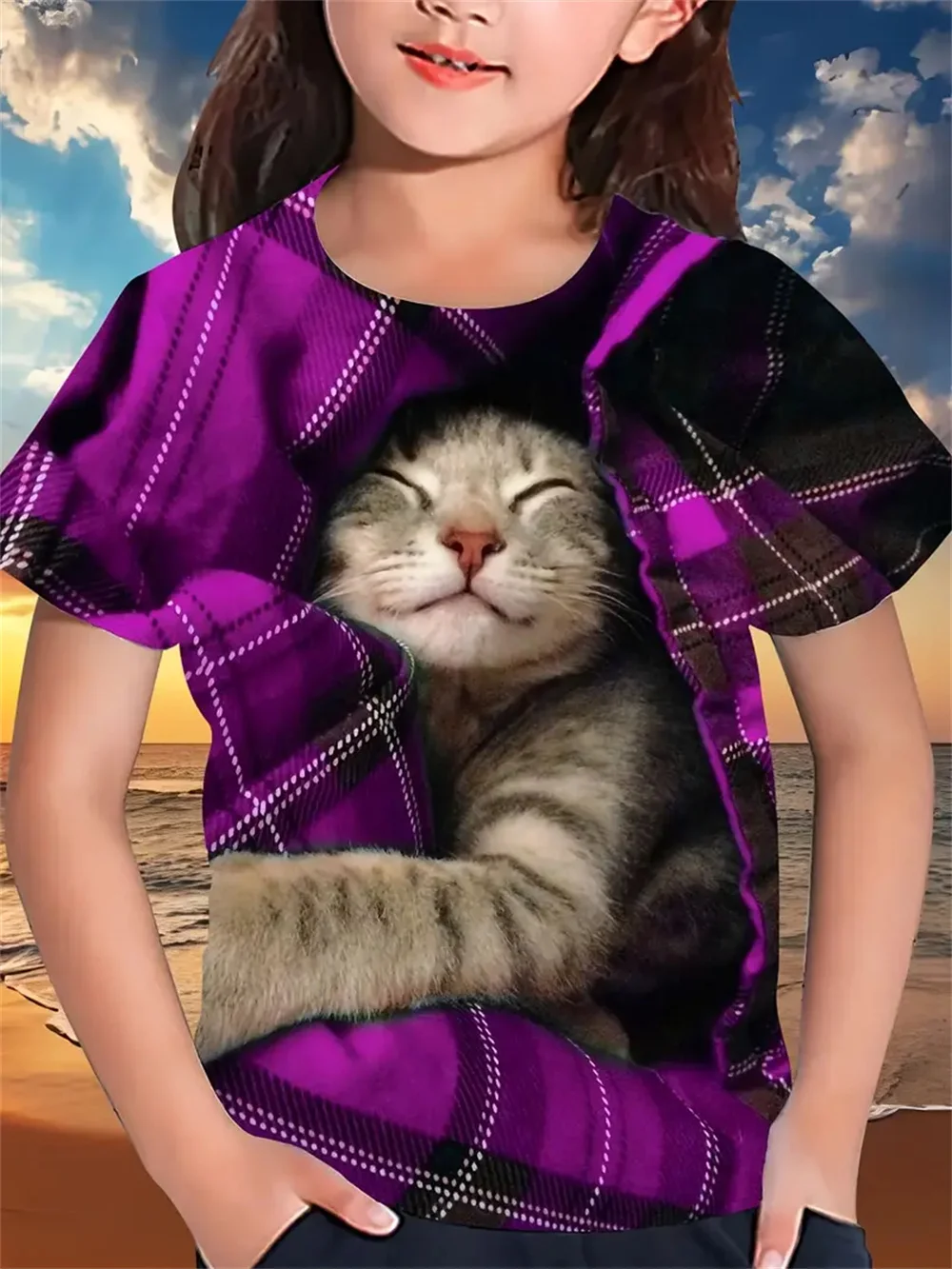 Kaos musim panas anak perempuan lucu, atasan lengan pendek kartun hewan kucing 3d motif 2025 baju anak perempuan Fashion kasual