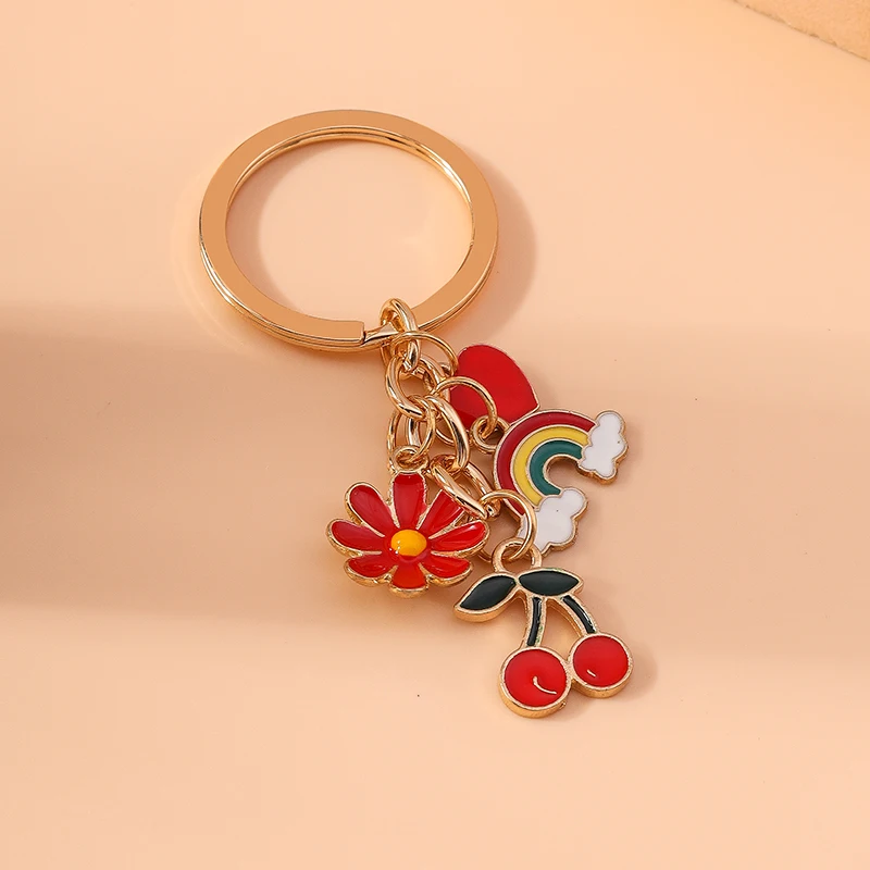 Pretty Enamel Cherry Keychain Flower Key Rings Pendants for Key Holder Women Girls Handbag Decor Handmade Jewelry Gifts