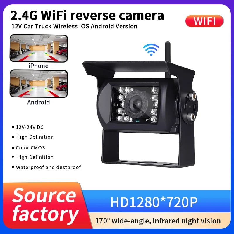 

2.4G WiFi reverse Camera HD 720P Wireless iOS Android Version Backup Camera for Car Truck, 170° Wide Angle ,Night Vision 12-24V