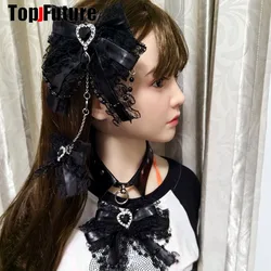 Handmade Japanese Goth Gothic Heart Rhinestone Lace Chain Bow Hair Clips Kawaii Hair Clips Brooch Girls Lolita Hair Accessories