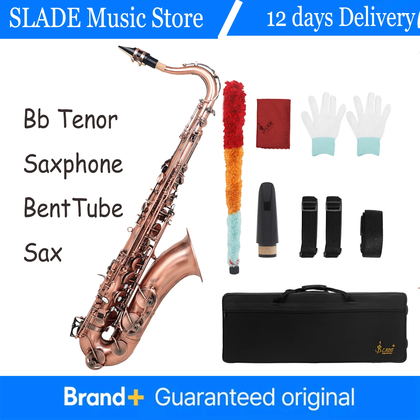 

﻿ SLADE Bb Tenor Saxphone High Quality Brass Body Engraved White Shell keys Red antique Sax Woodwind Instruments Parts Set