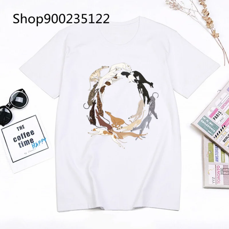 Greyhound Dog Women Funny Tshirts Print Ladies T-shirt Girl Y2K Basis O-collar White Shirt Short Sleeved Summer female Clothing