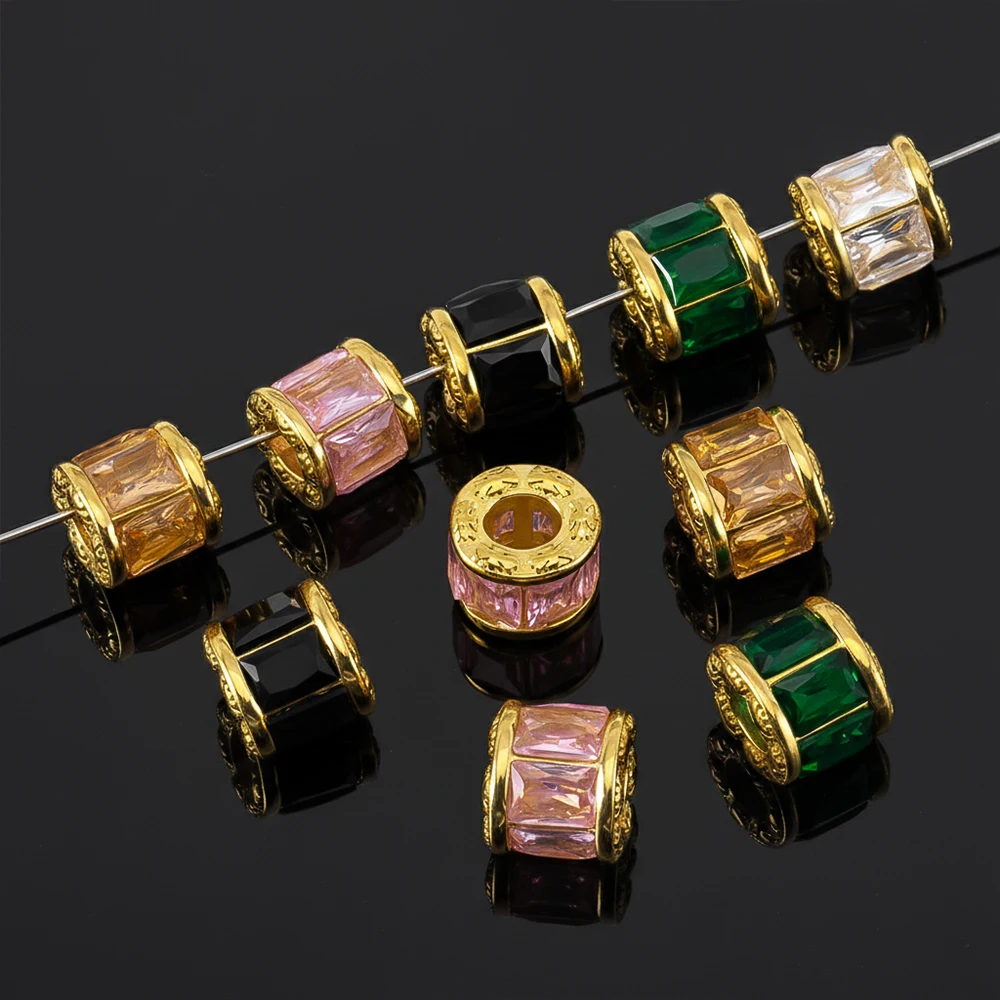 2pcs Luxury Stainless Steel Colorful  Zircon Crystal Spacer Beads Large Hole for Bracelet Charms Jewellery Making Materials