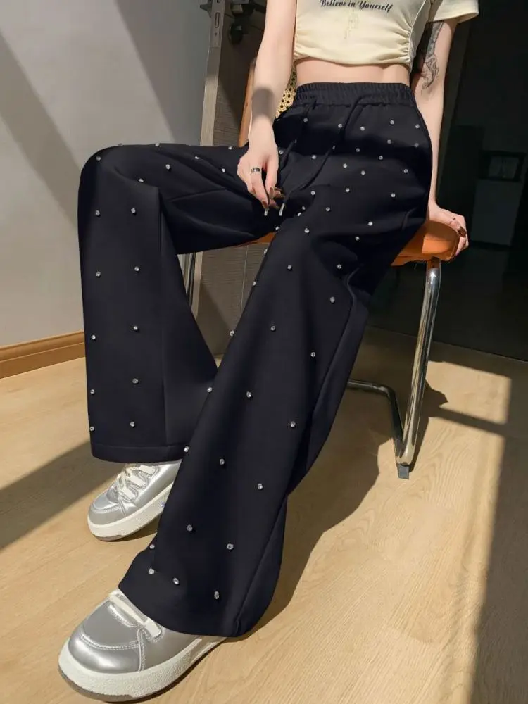 Fashionable Diamond-inlaid Wide-leg Women Spring and Summer Elastic High Waist Drape Straight Slim Casual Pants
