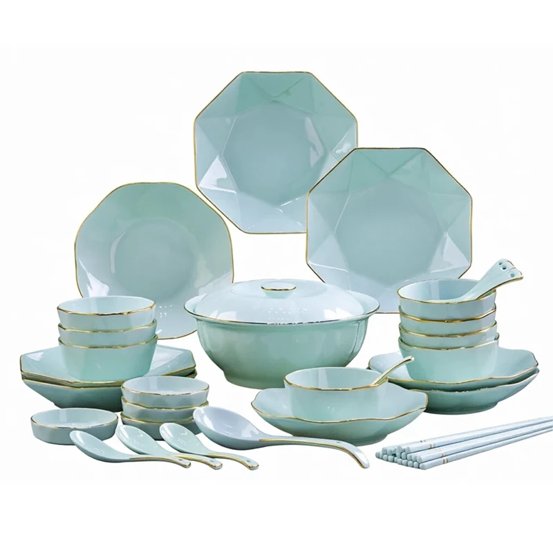 Celadon Tableware Set 16/80pcs Hand-Painted Gold Celadon Dish Sets Full Set Luxury Ceramics China Dinnerware Set 2/4/10 Persons