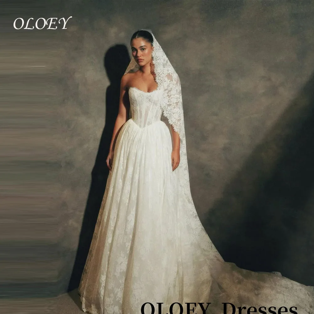 OLOEY Sweetheart elegante una línea Vestidos de novia encaje deshuesado equipado princesa Vestidos de novia velo largo Vestidos de noiva personalizado