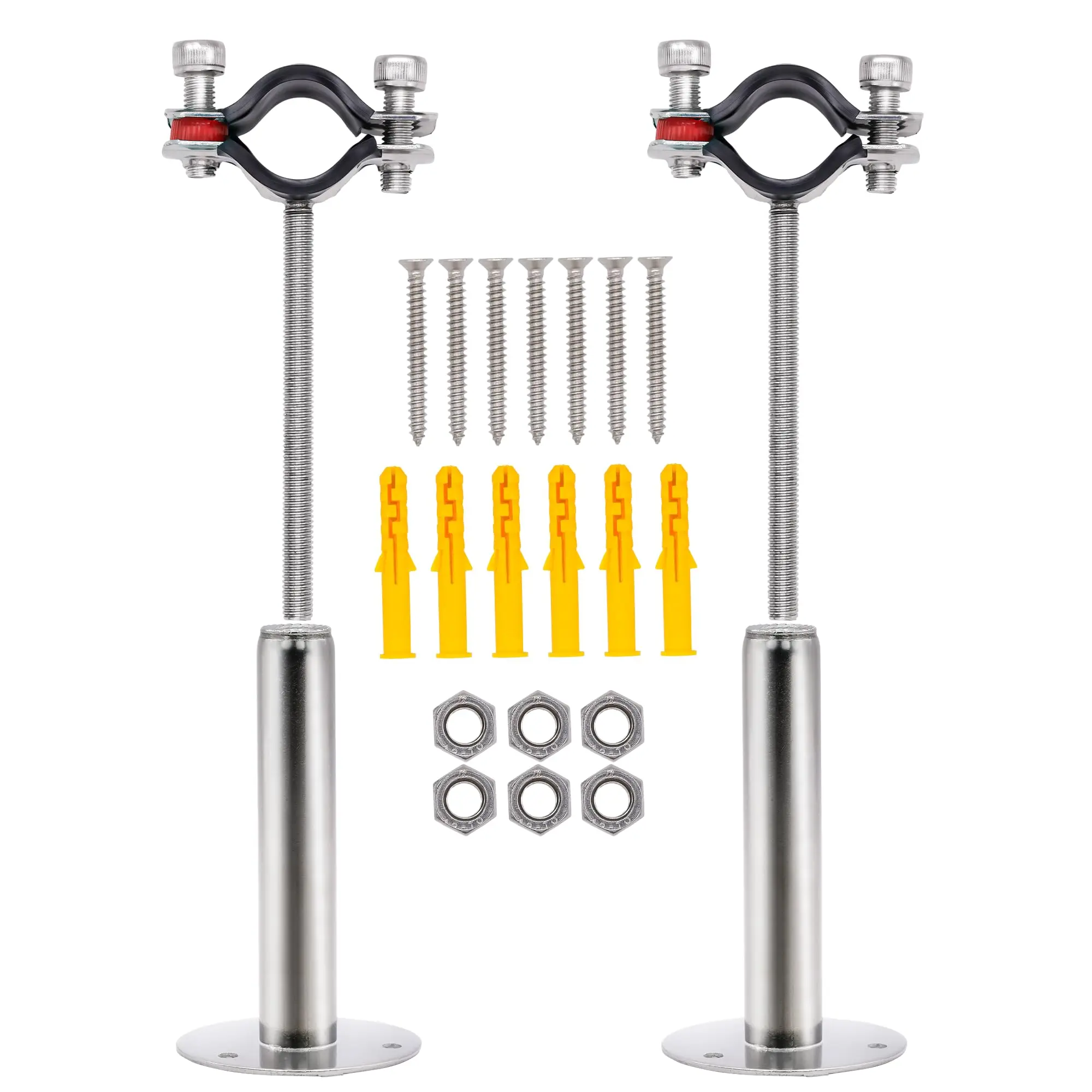 2PCS Rohr Aufhänger Halterung Clamp Fit 15-108mm Rohr 304 Edelstahl Unterstützung Clip 100-200mm verstellbare Stange Wand Halterung Mit Grundplatte