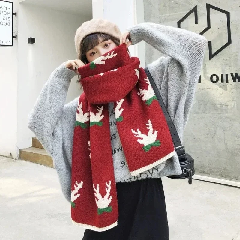 Thickened Christmas Deer Antler Scarf for Women New Year Gift Double Layered Chinese Style Warmth Neck Wrap Scarf