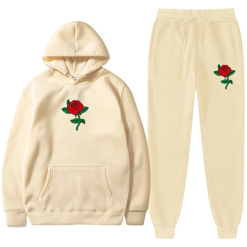 2-piece Sets Hoodies Sweatpants Suits Rose Flower Print Tracksuit Men Women Sweatshirt Suit Fleece Pullover Hoodie Jogging Pants