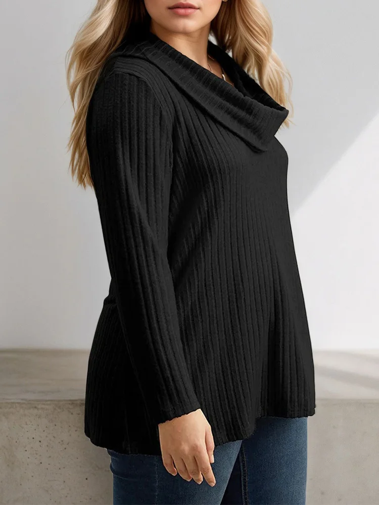 GIBSIE プラスサイズ スカーフカラー ブラック リブニット Tシャツ レディース 秋冬 カジュアル 長袖 無地 ティー トップス 女性用