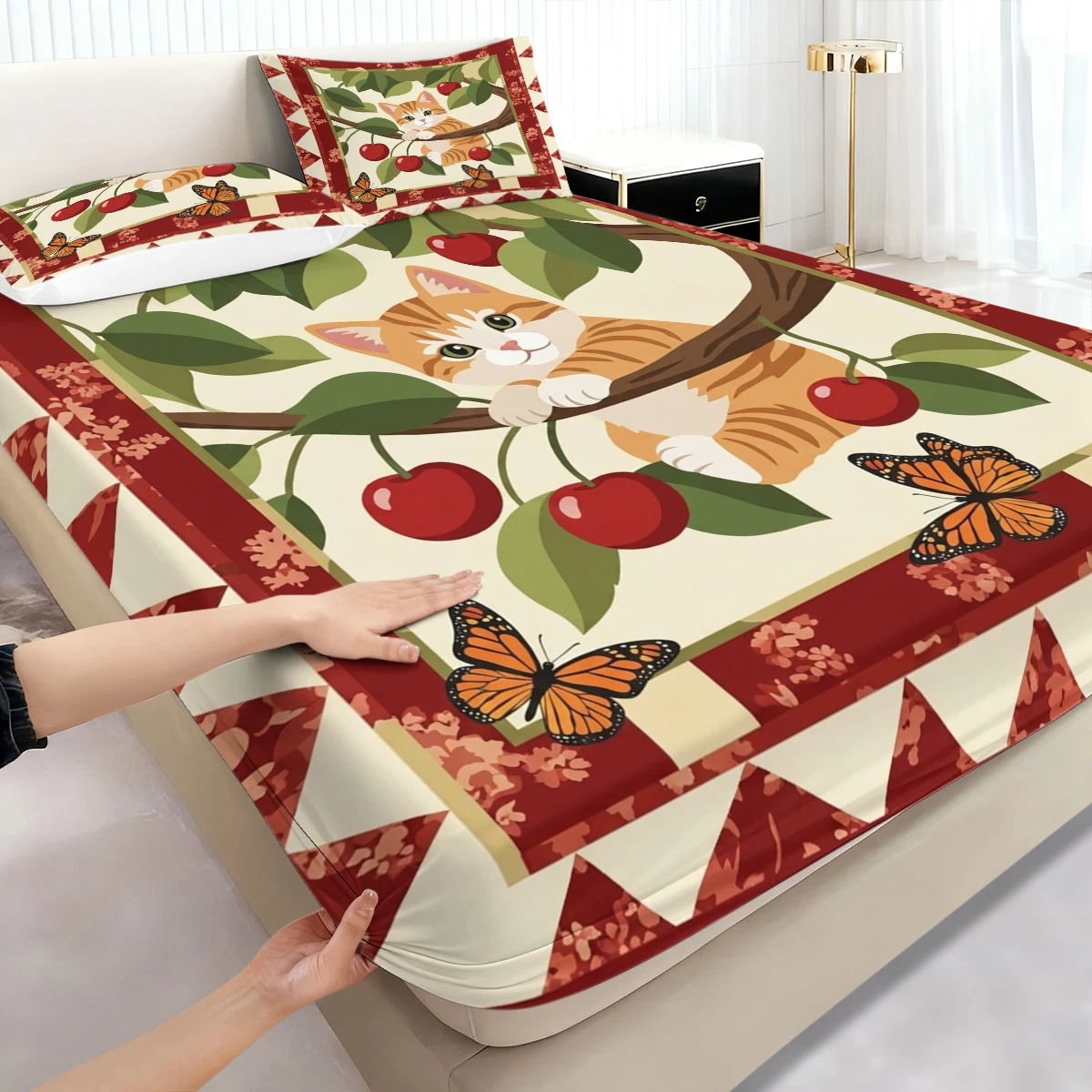Garden Floral Triangle Edge Kitten Fitted Sheet 3PCS, Cherry Fruit & Monarch Butterfly Orange Tabby Cat Elastic Mattress Cover