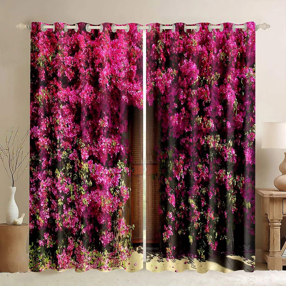 Garden Pink Flowers Wall Blackout Curtains,3D Printed Garden Image Arched Doorway Nature Landscape Plant Blackout Curtains