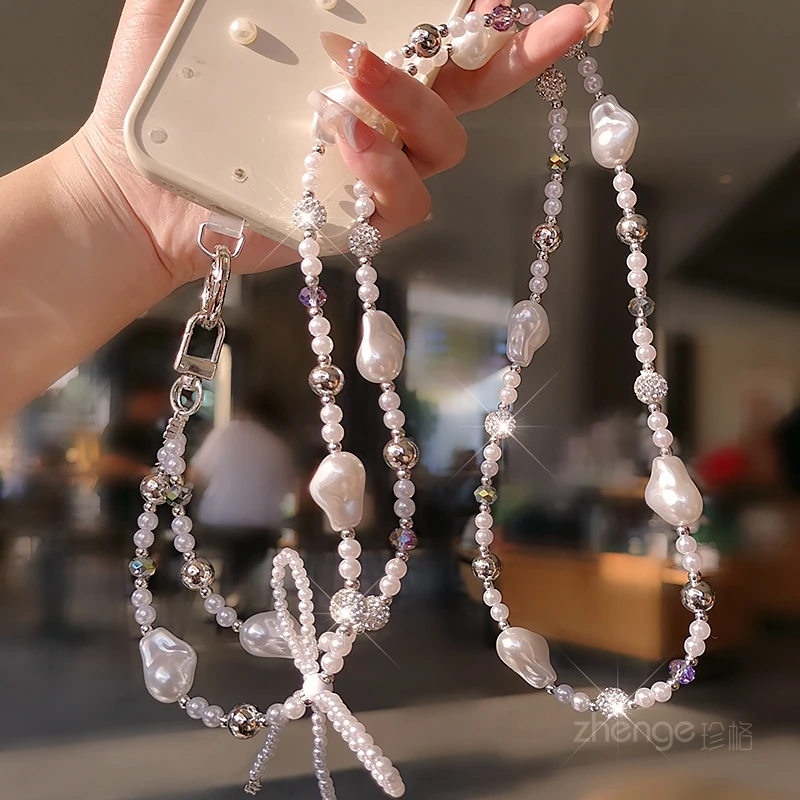 

Ремешок для телефона с жемчугом и бантом через плечо, модный женский длинный ремешок для телефона с защитой от потерь