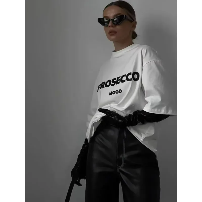 PROSECCO STEMMING Brief Grafisch Bedrukte Katoenen T-shirts Vrouwen Zomer Oversize Vrouwelijke Kleding Zachte Ronde Hals Lady Y2k Tops