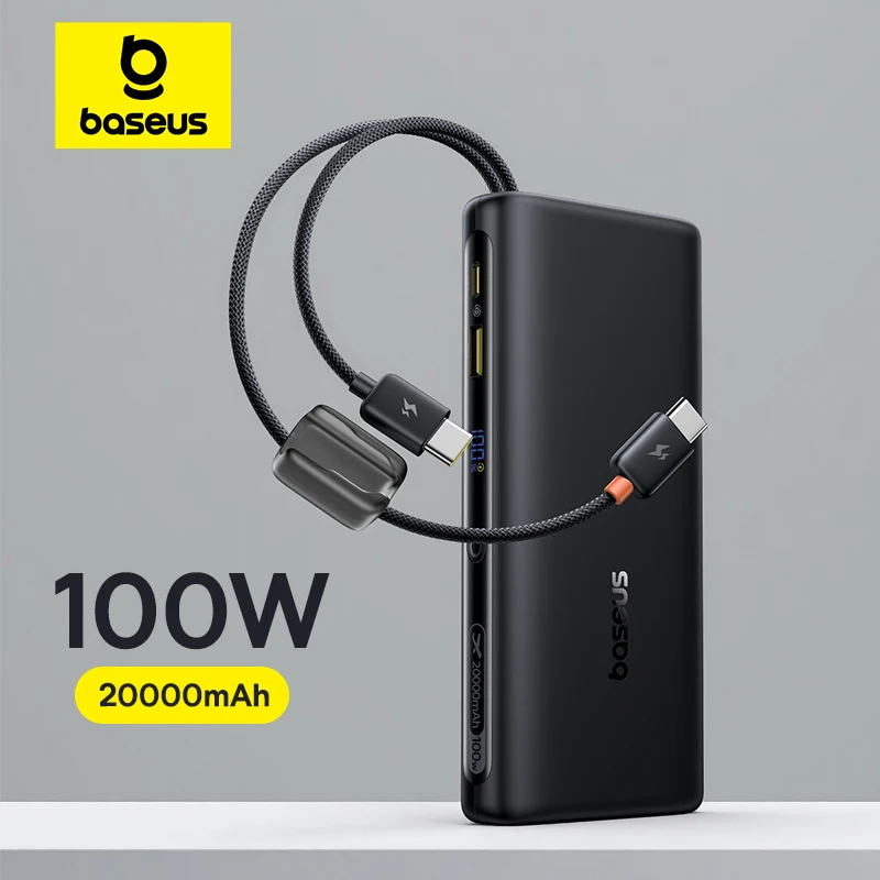 Baseus 20000mAh 100W Power Bank Built-In Dual USB-C Cable Fast Charging Digital Display Power Bank For iPhone 17 Pro Max Samsung