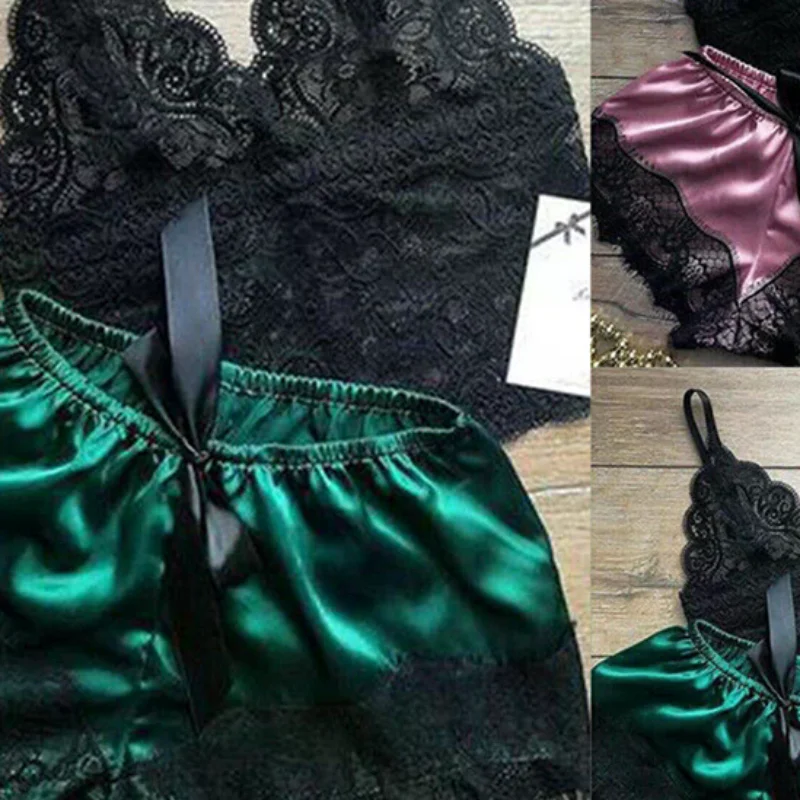 2PCS Womens Lace Sleepwear Lingerie Tops Shorts Set Babydoll Pajamas Nightwear