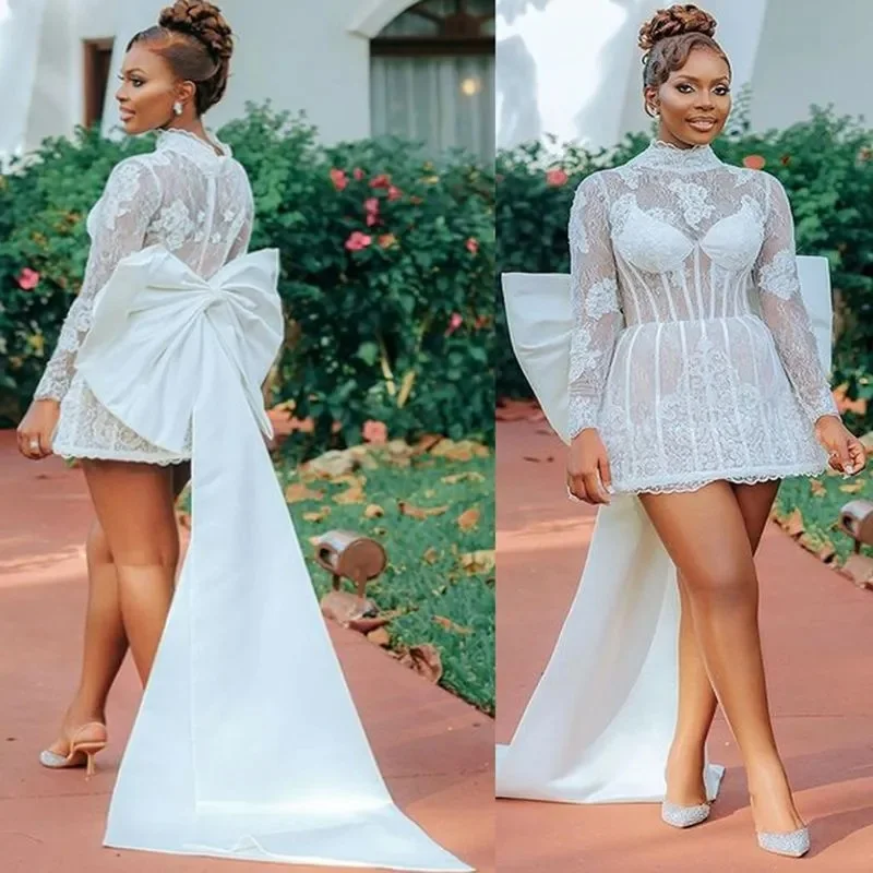 Personalizado curto vestido de casamento africano vestidos de noiva para noiva ilusão mangas compridas alta pescoço frisado renda pérolas banhado noiva