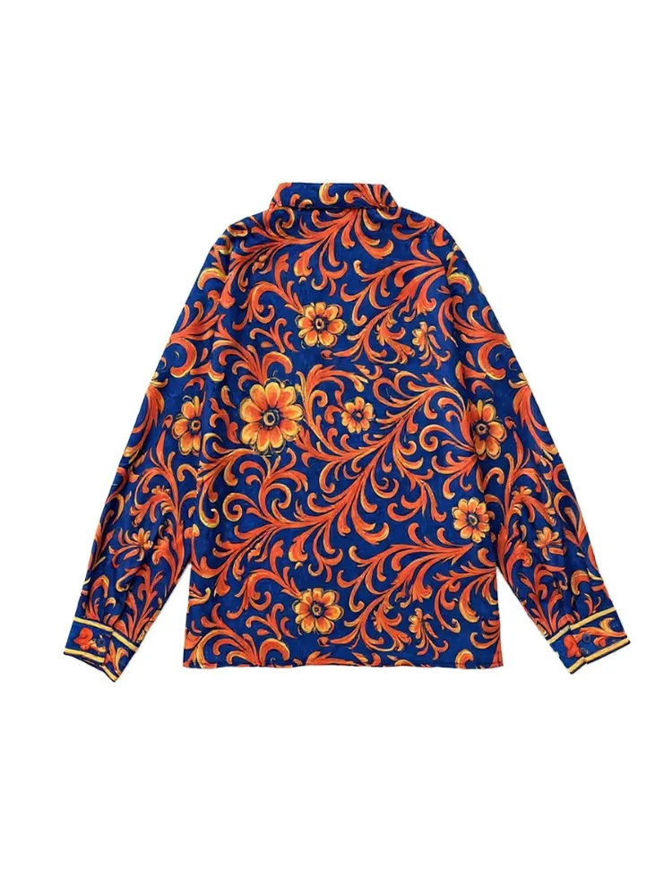 Bonboho Women's Vintage Blouse Royal Blue Orange Floral Print Lapel Long Sleeve Business Top Single-Breasted Casual Shirts