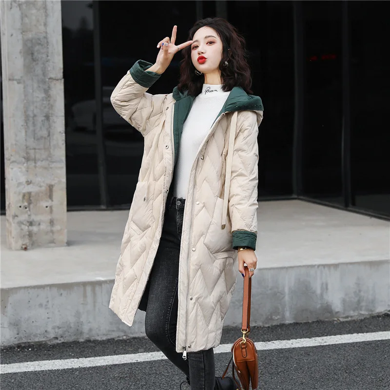 Korean Style Down Coats Women Mid Long  Hooded Loose Thickened Fashion Loose Casual Comfortable Jacket Lady Solid Autumn Winter