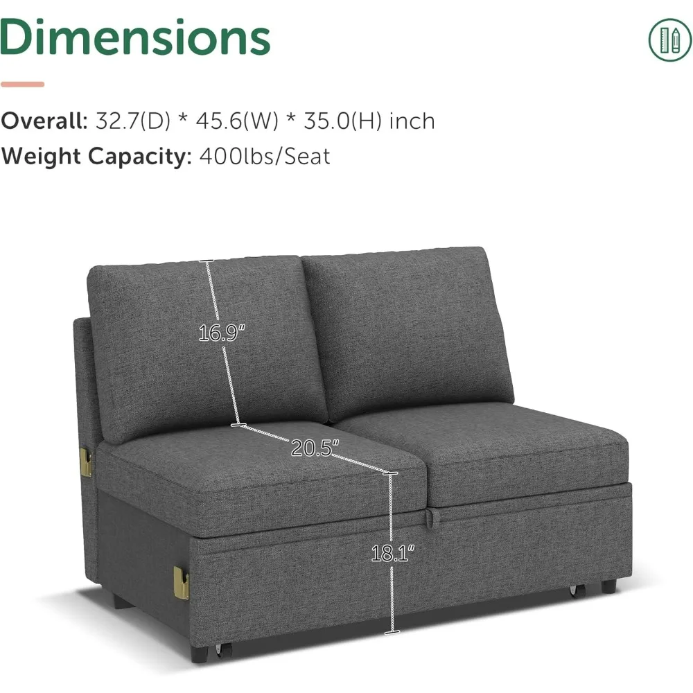 سرير قابل للسحب لأريكة النوم المقطعية المعيارية، مقعد Loveseat بدون ذراع مع سرير قابل للسحب للأريكة المقطعية، رمادي داكن