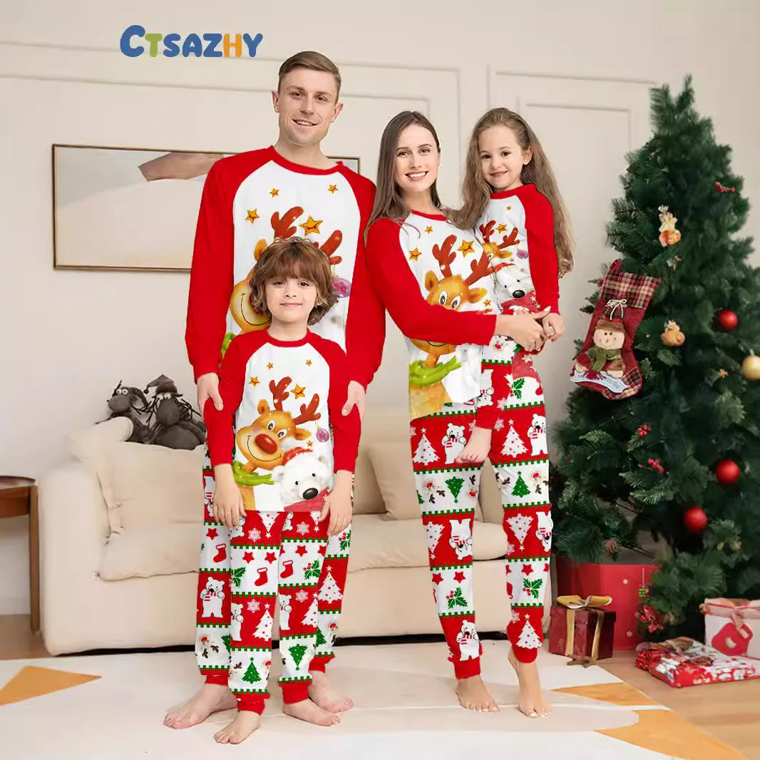 2024 Christmas family set European-style printed golden deer Polar bear family set Pajamas pajama pants 2 sets and baby jumpsuit