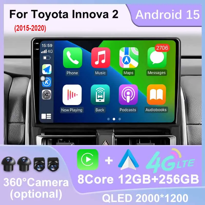 

Автомобильный радиоприемник Android 15 для Toyota Innova 2 2015-2020 GPS NAVI Qualcomm 4G WIFI QLED Мультимедийный видеоплеер BT Головное устройство DSP