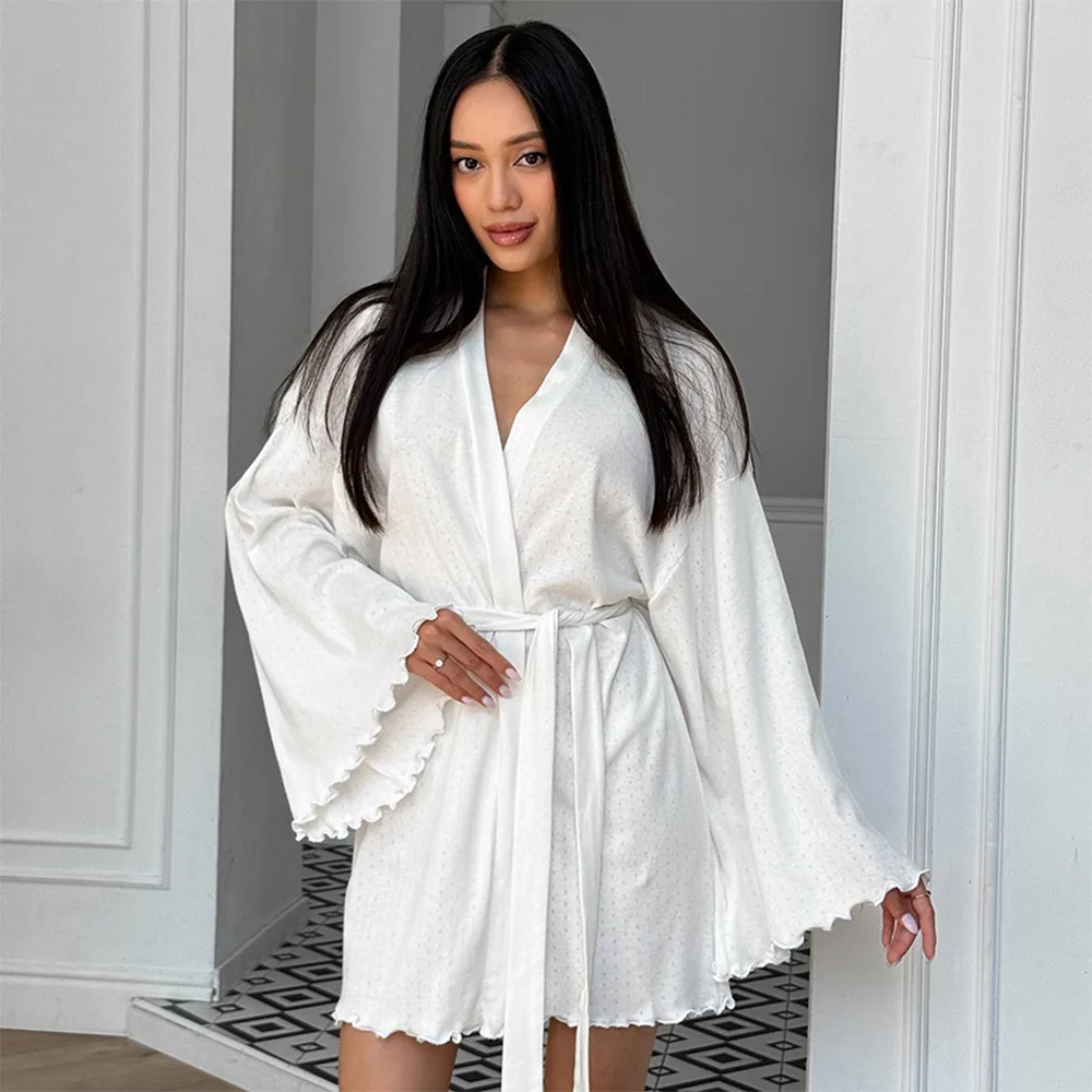 Sexy long robe underwear and shorts three-piece knitted pajama set for ladies' home wear