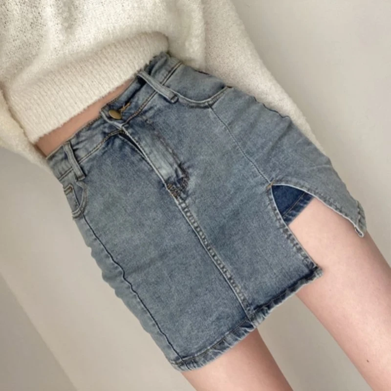 Stretch Denim Skirt Pants Women's 2026 Summer New Arrival Petite High Waist Short A Line Split Bodycon