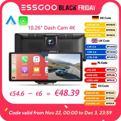 Lecteur vidéo de rétroviseur de voiture, caméra de tableau de bord 4K, Carplay sans fil, Android, moniteur automatique, limitation GPS, caméra de recul, carte Prada, 10.26 pouces