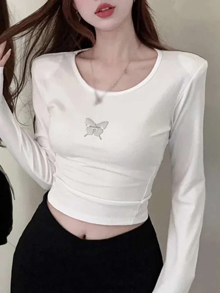 Koreanische Schulter gepolsterte Schmetterling einfarbig Slim Fit Frauen T-Shirt Frauen würzige Mädchen sexy offene Rücken Krawatte Langarm T-Shirt