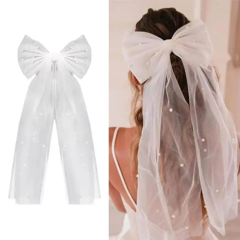 

Elegant White Bowknot Bridal Veil With Beadwork Pearls Design Easy Wear Hair Clip Veil For Wedding And Special Occasion X3UD