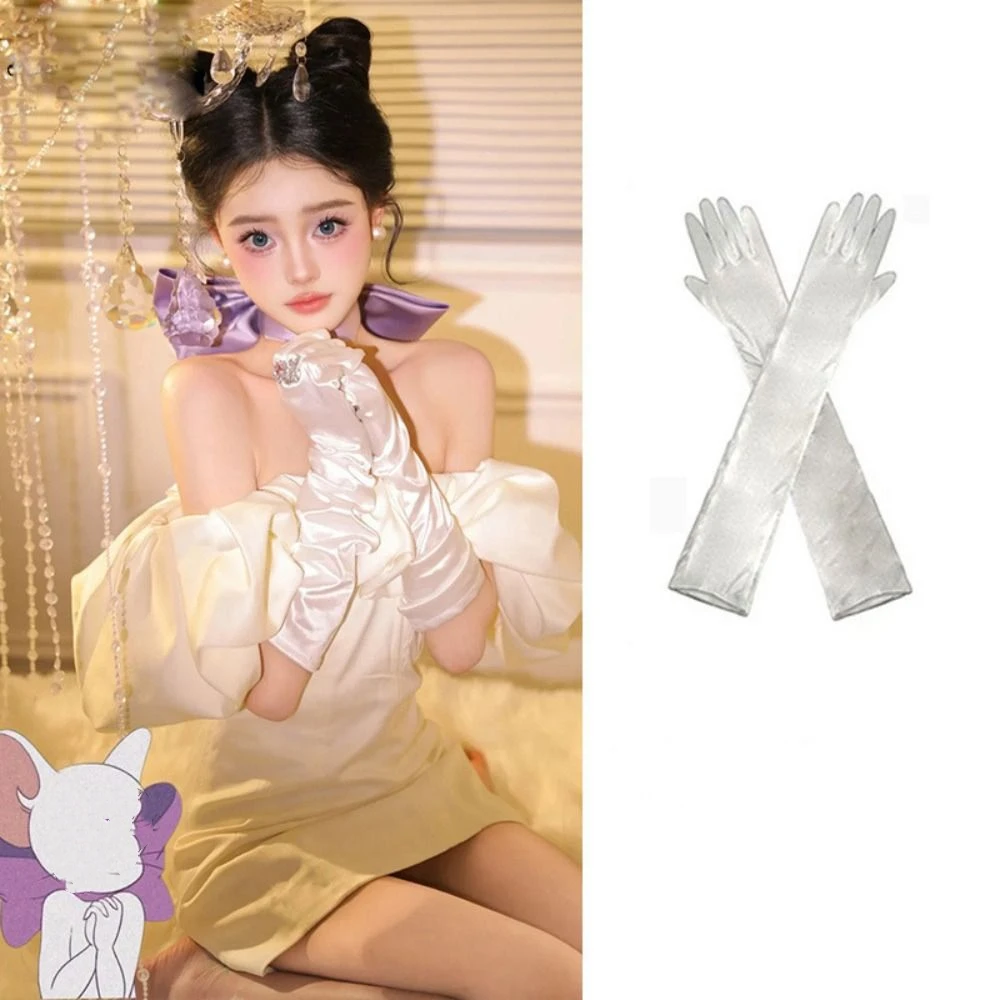 

Temperament White Satin Long Gloves Lace Sweet Wedding Bridal Gloves Vintage Elastic Long Finger Mittens Show