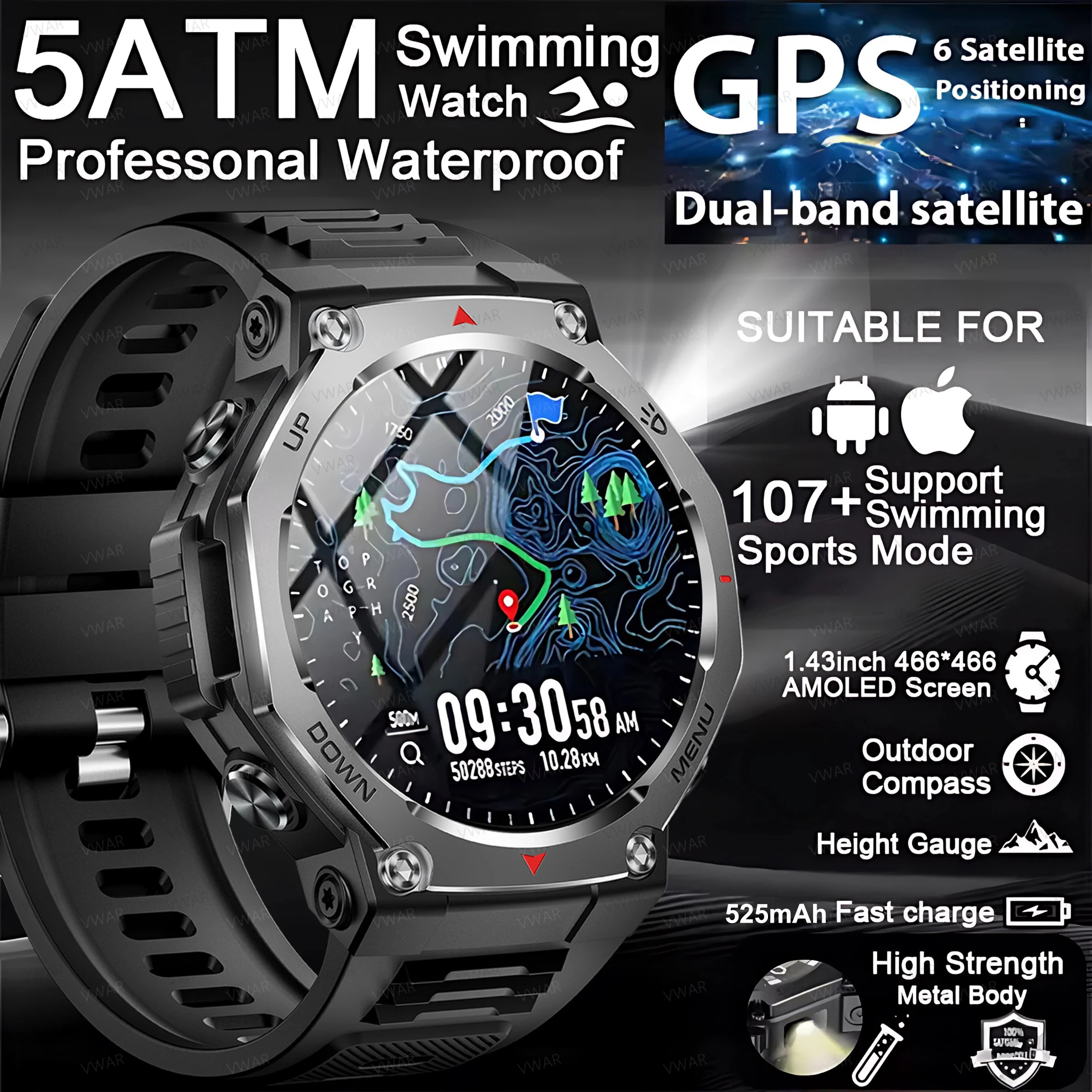 

2025 Новые военные умные часы с фонариком/УФ-светом, 5 АТМ, водонепроницаемые спортивные умные часы для фитнеса, мужские Bluetooth-вызовы для Xiaomi IOS