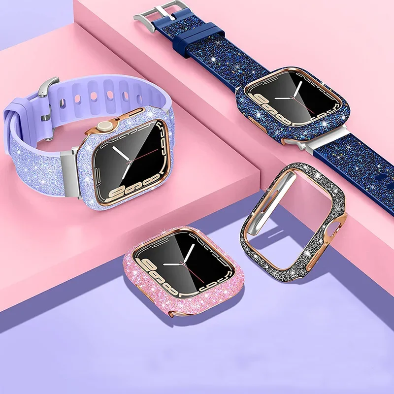 

Ladies Silicone Straps for Apple Watch Series 7 6 5 4 3 SE 8 9 Accessories Shiny Glitter Band for IWatch 44mm 41 42 45 40 38 49m