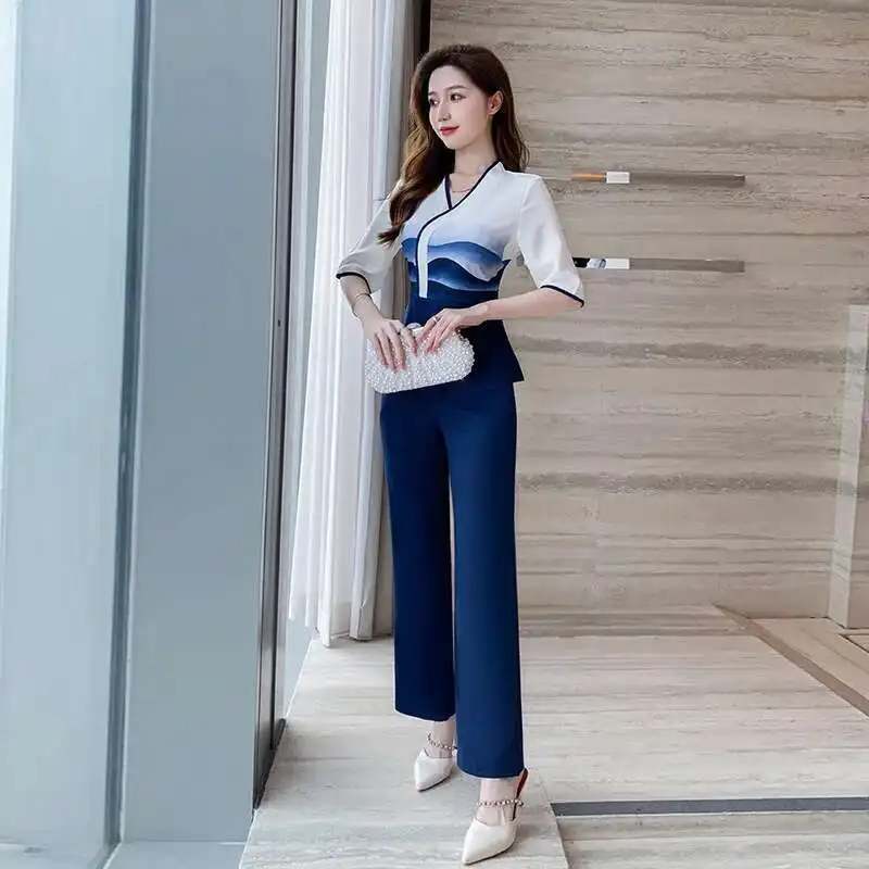 ビューティーサロンエステティシエンヌスパマッサージ服フットセラピスト作業ガウン女性用ブルー美容師制服スーツ-Be