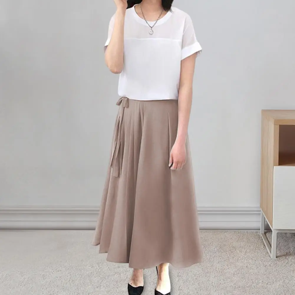 

Bow Design Trousers Elegant Women's Pleated Chiffon Culottes Wide Leg Trousers with Elastic Waist Lace-up Bowknot for Casual