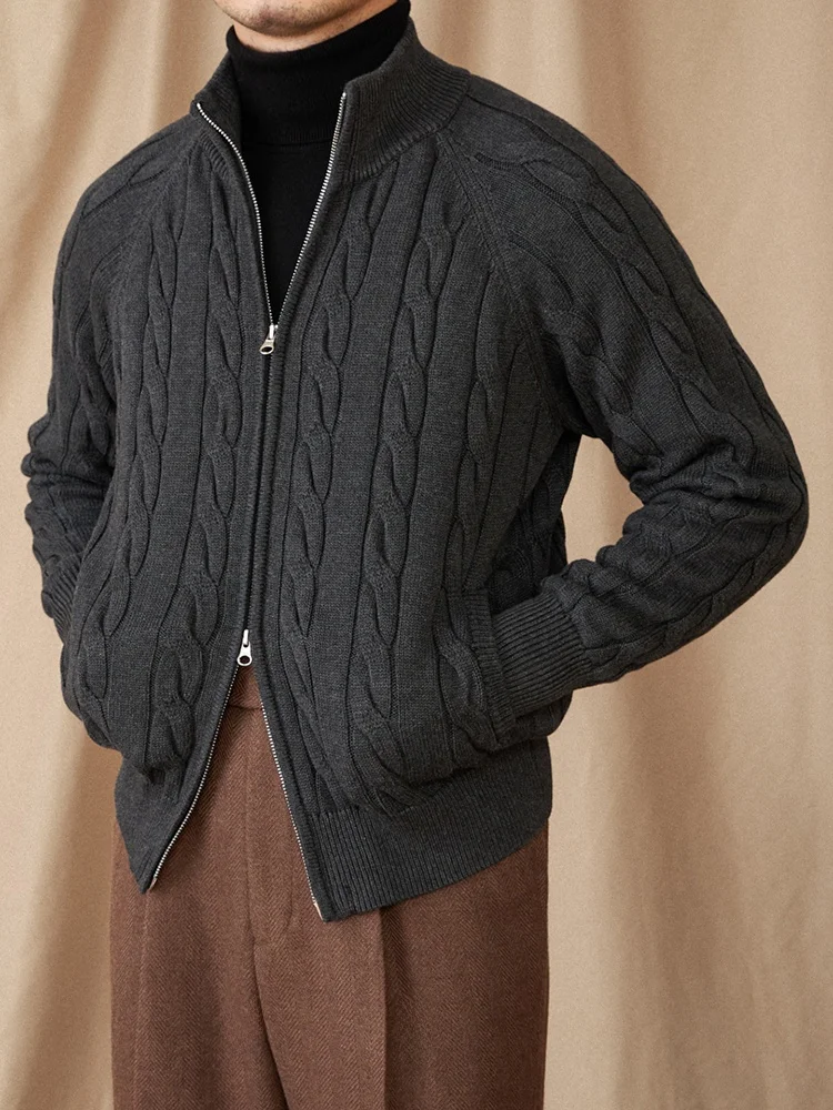 

Мистер. Мужской вязаный кардиган Deer Tee из чистого хлопка на молнии, повседневная зимняя верхняя одежда, высококачественный кардиган крупной вязки с узором «косы»