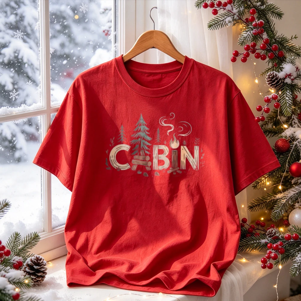 Cabin Pine Tree Campfire Graphic Tee Watercolor Forest Nature Print Short Sleeve Casual Outdoor Camping Hiking Adventure Tops