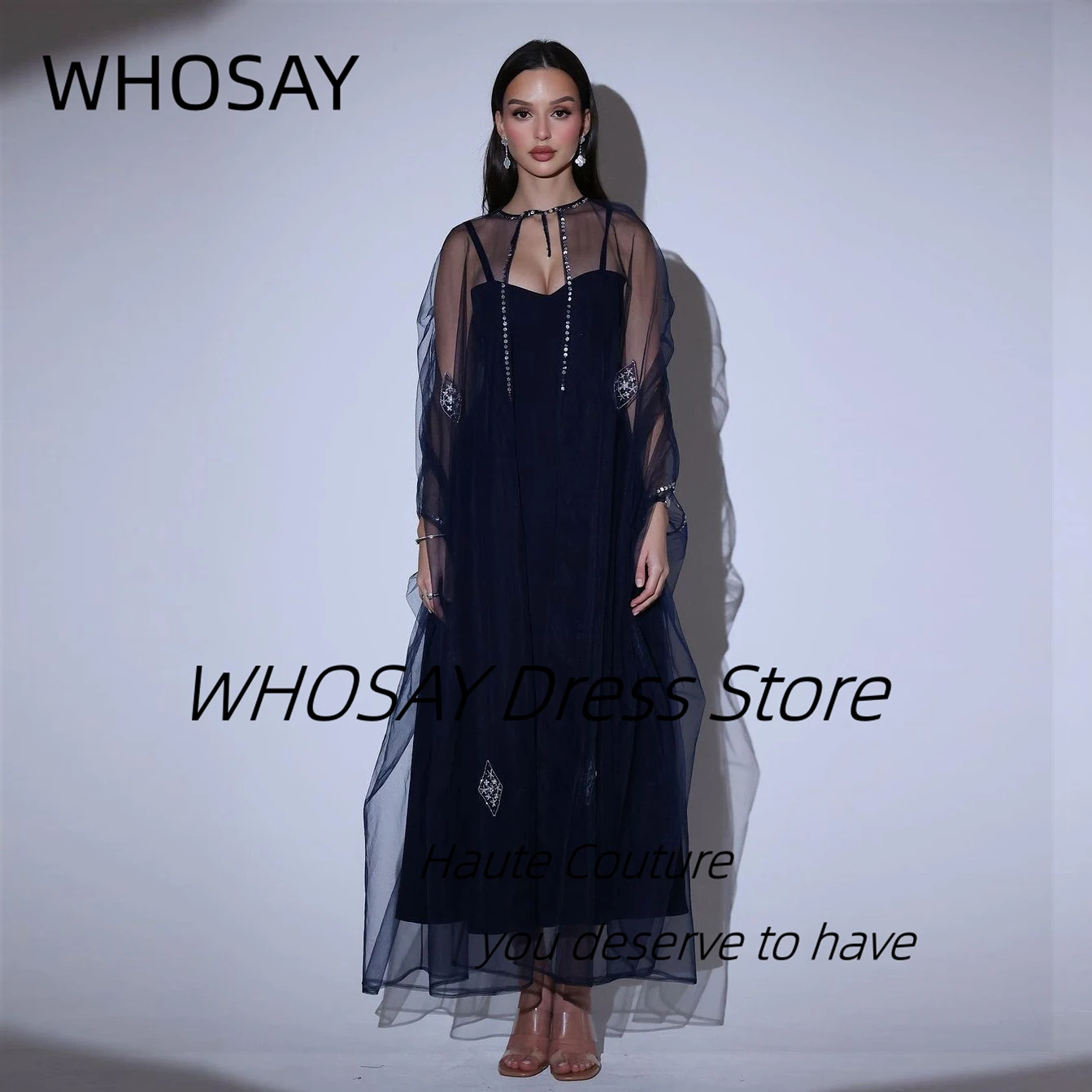 

WHOSAY Spaghetti Sweetheart Prom Dresses with Beaded Tulle Long Wraps Evening Party Gowns for Saudi Arabia Women Birthday Dress